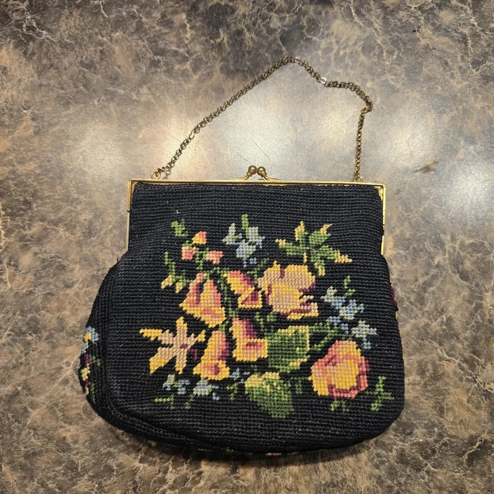Vintage Jolles Original Needlepoint Tapestry Handbag Purse Floral Design‎